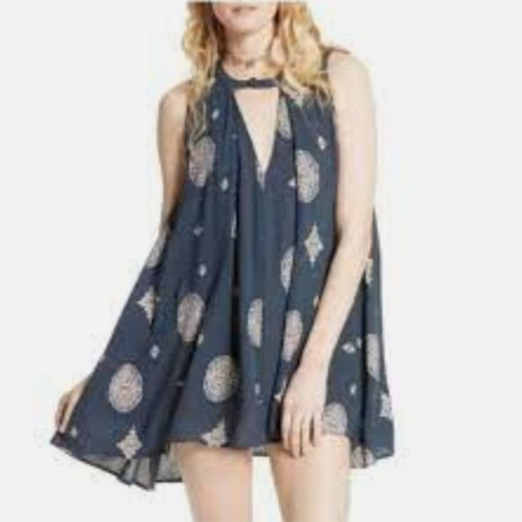 Free People Blue Geometric Pattern Sleeveless Pockets Hippie Tunic Dress - Picture 1 of 4
